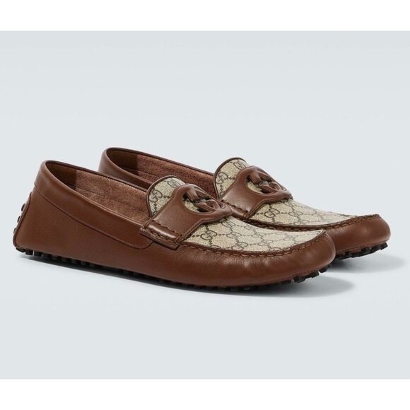 Gucci Men’s Interlocking G Supreme Driver Calfskin Loafers Brown Sugar UK9 73014 - Picture 1 of 12